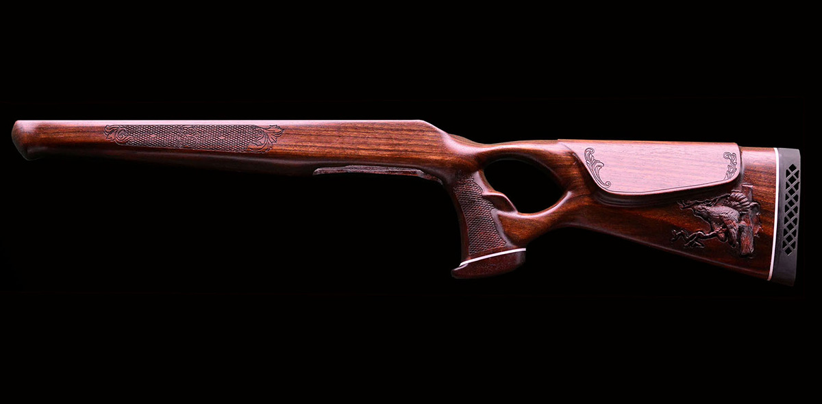 Exclusive artisan gunsmithing showroom display of hunting rifle stocks